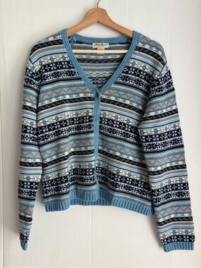 Vintage Eddie Bauer Light Blue Fair Isle V-Neck Cardigan Sweater 100% cotton